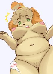 Rule 34 | 1girl, animal crossing, aoimua, blonde hair, blush, breasts, cleft of venus, female focus, from below, furry, furry female, green eyes, highres, isabelle (animal crossing), large breasts, nintendo, nipples, no humans, nude, open mouth, plump, pussy, simple background, solo, standing, uncensored