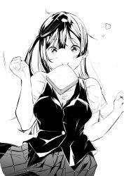 Rule 34 | 1girl, absurdres, blush, bread, bread slice, breasts, clenched hands, commentary request, food, food in mouth, greyscale, highres, long hair, looking at viewer, love live!, love live! nijigasaki high school idol club, medium breasts, monochrome, mouth hold, nijigasaki academy school uniform, one side up, pleated skirt, school uniform, shirt, short sleeves, skirt, solo, summer uniform, tommer, upper body, vest, white background, yuki setsuna (love live!)