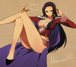 Rule 34 | 1girl, amazon lily, amazon warrior, black hair, boa hancock, breasts, cape, cleavage, earrings, female focus, heart, jacket, jewelry, long hair, one piece, red jacket, sash, side slit, sitting, solo