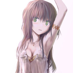 Rule 34 | 1girl, arm up, armlet, armpits, bare shoulders, blush, breasts, brown hair, cleavage, green eyes, jewelry, long hair, necklace, original, parted lips, simple background, solo, ssi, tears