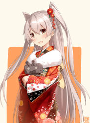 Rule 34 | 10s, 1girl, alternate costume, amatsukaze (kancolle), blush, brown eyes, crossed arms, floral print, flower, fur trim, hair between eyes, hair flower, hair ornament, highres, japanese clothes, kantai collection, kimono, long hair, long sleeves, looking at viewer, open mouth, orange background, outside border, red kimono, rensouhou-kun, robot, takanashie, twintails, two side up, very long hair, white background, wide sleeves