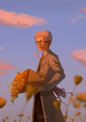Rule 34 | 1boy, absurdres, bouquet, dusk, ear piercing, flower, formal, glasses, highres, looking at viewer, mitsuya takashi, padpanang, piercing, solo, suit, tokyo revengers, white hair