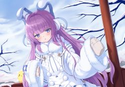 Rule 34 | 1girl, animal ears, azur lane, bad id, bad pixiv id, bare tree, blue eyes, blunt bangs, blush, brown sweater, chinese commentary, cloud, cloudy sky, coat, commentary request, day, earmuffs, fake animal ears, fur-trimmed coat, fur-trimmed sleeves, fur trim, hair ornament, hair ribbon, highres, long hair, long sleeves, looking at viewer, manjuu (azur lane), parted lips, pom pom (clothes), purple hair, ribbon, shenqi (toid310), sidelocks, sky, sleeves past fingers, sleeves past wrists, snow, solo, standing, sweater, tashkent (azur lane), tree, upper body, very long hair, very long sleeves, white coat, winter clothes