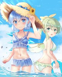 Rule 34 | 2girls, alternate costume, arm up, ass, bad id, bad pixiv id, ball, beachball, bikini, bikini skirt, blue bikini, blue eyes, blue hair, blue sky, breasts, cirno, cloud, collarbone, commentary, cowboy shot, daiyousei, day, fairy wings, flower, from side, green bikini, green eyes, green hair, hair between eyes, hair flower, hair ornament, hair ribbon, hand on headwear, hat, holding, holding ball, looking at viewer, medium breasts, midriff, multiple girls, navel, nibosi, ocean, open mouth, outdoors, ponytail, rectangular eyewear, ribbon, short hair, sky, small breasts, smile, straw hat, summer, sunburn, sunflower, sunflower hair ornament, sweat, swimsuit, teeth, touhou, upper teeth only, wading, water drop, wings