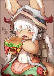 Rule 34 | 1girl, animal ears, blunt bangs, blush stickers, body fur, brown background, burger, drooling, ears through headwear, food, furry, furry female, highres, holding, holding food, horns, lettuce, long hair, made in abyss, meat, mustard, nanachi (made in abyss), navel, open mouth, pouch, saliva, sitting, solo, star-shaped pupils, star (symbol), suurin (ksyaro), symbol-shaped pupils, tail, topless, twitter username, very long hair, whiskers, white hair, yellow eyes