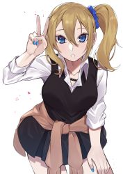 Rule 34 | 1girl, absurdres, blonde hair, blouse, blue eyes, blue nails, blue scrunchie, blush, breasts, clothes around waist, collarbone, collared shirt, commentary request, gradient background, grey background, hair between eyes, hair ornament, hair scrunchie, hand on own knee, hayasaka ai, highres, jewelry, kaguya-sama wa kokurasetai ~tensai-tachi no renai zunousen~, kameno sachi, large breasts, leaning forward, long hair, long sleeves, looking at viewer, nail polish, necklace, open mouth, school uniform, scrunchie, shirt, shuuchiin academy school uniform, side ponytail, sidelocks, solo, sweater, sweater around waist, teeth, v, white shirt
