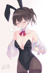 Rule 34 | 1girl, absurdres, alternate costume, animal ears, artist name, bare shoulders, black leotard, black pantyhose, blush, bow, bowtie, breasts, brown hair, cleavage, closed eyes, cowboy shot, detached collar, fake animal ears, highres, hizaka, kaga (kancolle), kantai collection, large breasts, leotard, long hair, one-hour drawing challenge, pantyhose, playboy bunny, rabbit ears, red bow, red bowtie, side ponytail, sigh, simple background, solo, strapless, strapless leotard, twitter username, white background, wrist cuffs