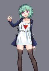 Rule 34 | 1girl, arm behind back, black jacket, black thighhighs, breasts, clothes writing, collarbone, commentary request, feet out of frame, green hair, grey background, hand up, heart, heart on chest, highres, holding, holding pen, jacket, looking at viewer, lower teeth only, medium breasts, open clothes, open jacket, open mouth, original, overlord (overlord80000), pen, pink eyes, purple eyes, shirt, short hair, simple background, solo, standing, teeth, thighhighs, upper teeth only, white shirt, zettai ryouiki