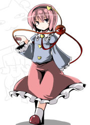 Rule 34 | 1girl, bad id, bad pixiv id, blush stickers, buttons, fa no hito, female focus, heart, komeiji satori, long sleeves, looking at viewer, pink hair, pink skirt, purple eyes, short hair, simple background, skirt, slippers, socks, solo, string, third eye, touhou, white background, white socks