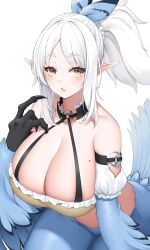 Rule 34 | 1girl, absurdres, animal hands, bare shoulders, bird tail, blue feathers, blue wings, blush, breasts, claws, cleavage, commission, detached sleeves, feathered wings, feathers, gloves, hand up, harpy, highres, huge breasts, looking at viewer, mole, mole on breast, monster girl, open mouth, original, pointy ears, ponytail, sidelocks, simple background, skeb commission, suruga (xsurugax), tail, thick thighs, thighs, white background, white hair, winged arms, wings, yellow eyes