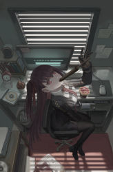 Rule 34 | 1girl, arm up, between legs, black footwear, black gloves, black hair, black pantyhose, black ribbon, bookshelf, boots, breasts, cd, computer, dress, eating, food, food in mouth, from above, girls&#039; frontline, gloves, hair between eyes, hair ribbon, hand between legs, highres, holding, holding food, ice cream, indoors, large breasts, legs together, long hair, long sleeves, looking at viewer, monitor, necktie, newspaper, one side up, pantyhose, paper stack, popsicle, purple eyes, red necktie, ribbon, short dress, solo, uniform, wa2000 (girls&#039; frontline), window, window shadow, xukong