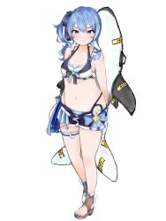 Rule 34 | 1girl, adapted costume, arms behind back, belt, bikini, bikini under shorts, blue bow, blue hair, blue nails, blue ribbon, bow, breasts, brown footwear, closed mouth, collarbone, eyelashes, grey eyes, hair ribbon, highleg, highleg bikini, highres, holding, hololive, hoshimachi suisei, legs, long hair, looking at viewer, nail polish, navel, parted bangs, ribbon, sandals, side ponytail, simple background, small breasts, solo, standing, stuffed whale, suzu coconatu, swimsuit, thigh belt, thigh strap, thighs, toenail polish, toenails, toes, virtual youtuber, white background