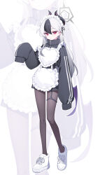 Rule 34 | 1girl, alternate costume, apron, black hair, black horns, black pantyhose, blue archive, blush, deadnooodles, demon horns, enmaided, frilled apron, frills, full body, grey halo, hair between eyes, halo, highres, horns, jersey, jersey maid, kayoko (blue archive), long hair, maid, maid apron, maid headdress, multicolored hair, pantyhose, parted lips, red eyes, shoes, simple background, sleeves past fingers, sleeves past wrists, solo, unconventional maid, white apron, white background, white footwear, white hair, zoom layer