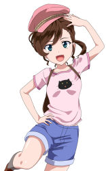 Rule 34 | 1girl, blue eyes, breasts, brown hair, denim, gegege no kitarou, hair ornament, hairclip, hat, inuyama mana, jeans, looking at viewer, open mouth, pants, short hair, shorts, simple background, small breasts, smile, solo, white background, yoshida keiji