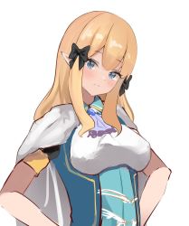 Rule 34 | 1girl, black bow, blonde hair, blue eyes, blush, bow, breasts, elf, hair bow, hair ornament, hands on own hips, hatoba (sarencha), highres, large breasts, long hair, looking at viewer, pointy ears, princess connect!, saren (princess connect!), simple background, solo