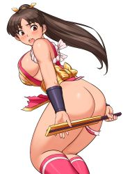 Rule 34 | 1girl, :o, ass, blush, breasts, brown eyes, brown hair, commentary, covering privates, covering ass, fatal fury, fingernails, floating hair, folded fan, folding fan, from behind, hand fan, highres, holding, japanese clothes, large breasts, long hair, looking back, ninja, no panties, open mouth, parted bangs, pelvic curtain, ponytail, revealing clothes, revision, rope, shigenobu, shiny clothes, shiny skin, shiranui mai, sideboob, simple background, sleeveless, solo, standing, surprised, teeth, the king of fighters, torn clothes, upper teeth only, white background
