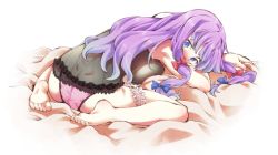 Rule 34 | 1girl, ass, bare legs, barefoot, blue bow, blue eyes, blush, bow, breasts, hair bow, large breasts, bridal garter, lingerie, long hair, looking at viewer, lying, negligee, panties, patchouli knowledge, pink panties, purple hair, red bow, simple background, solo, touhou, underwear, white background, yamada yukihito