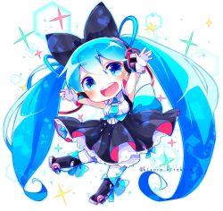 Rule 34 | 1girl, arms up, bare shoulders, black bow, blue eyes, blue hair, blue necktie, boots, bow, cable, chibi, dress bow, footwear bow, framed breasts, hair bow, hair ornament, hatsune miku, headphones, knee boots, layered skirt, leg up, long hair, looking at viewer, magical mirai (vocaloid), magical mirai miku, magical mirai miku (2016), necktie, open mouth, outstretched arms, shirayuki towa, shirt, short necktie, skirt, smile, solo, sparkle, standing, standing on one leg, thighhighs, twintails, twitter username, very long hair, vocaloid, white shirt, white thighhighs