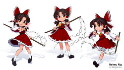 Rule 34 | 1girl, 3d, ascot, bloomers, bow, brown eyes, brown hair, character name, chibi, commentary, detached sleeves, dress, english commentary, hair bow, hair tubes, hakurei reimu, highres, holding, japanese clothes, looking at viewer, looking up, miko, multiple views, parted bangs, red bow, red dress, running, smile, takki thammawan, talisman, touhou, underwear, v-shaped eyebrows, wide sleeves, yellow ascot