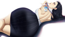Rule 34 | ass, ass focus, back, backless outfit, black hair, blue eyes, blueorca, breasts, curvy, from behind, highres, huge ass, lanyard, large breasts, lips, long hair, lying, office lady, on side, original, pencil skirt, skirt, striped clothes, striped legwear, striped skirt, white background, wide hips