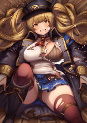 Rule 34 | 1girl, absurdres, blonde hair, blood, blush, boots, bra, breasts, brown thighhighs, clenched teeth, commentary request, granblue fantasy, hat, highres, kent0320, large breasts, long hair, looking at viewer, lying, monika weisswind, on back, panties, parted lips, peaked cap, pleated skirt, skirt, solo, teeth, thigh strap, thighhighs, thighs, torn bra, torn clothes, torn thighhighs, twintails, underwear