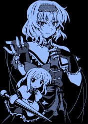 Rule 34 | 2girls, alice margatroid, black background, blue theme, capelet, female focus, fingerless gloves, gloves, hairband, highres, macaroni and cheese (artist), monochrome, multiple girls, shanghai doll, short hair, simple background, solo, standing, string, touhou
