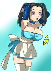 Rule 34 | 00s, 1girl, :d, adjusting hair, aqua background, armpits, arms up, black hair, blue dragon, bouquet (blue dragon), bow, breasts, bursting breasts, cellshadfan, choker, cleavage, detached sleeves, large breasts, maid, open mouth, pink eyes, purple eyes, ribbon, skirt, smile, thighhighs, thighs, twintails, white thighhighs, zettai ryouiki
