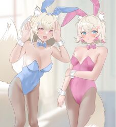 Rule 34 | 2girls, absurdres, animal ear fluff, animal ears, bandaid, bandaid hair ornament, blonde hair, blue bow, blue bowtie, blue eyes, blue hair, blue leotard, blush, bow, bowtie, breasts, collar, detached collar, dog ears, dog girl, dog tail, fake animal ears, fuwawa abyssgard, hair ornament, hairclip, highres, hololive, hololive english, large breasts, leotard, long hair, me0i, medium hair, mococo abyssgard, multicolored hair, multiple girls, pantyhose, pink bow, pink bowtie, pink eyes, pink hair, pink leotard, playboy bunny, rabbit ears, rabbit pose, siblings, sisters, small breasts, streaked hair, tail, twins, virtual youtuber, white collar, white wrist cuffs, wrist cuffs, x hair ornament