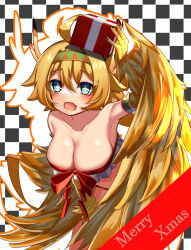 Rule 34 | animal hands, blonde hair, blush, box, breasts, christmas, claws, cleavage, commentary request, gift, gift box, green eyes, hair between eyes, harpy, highres, holding, holding gift, junkpicture, large breasts, monster girl, monster musume td, open mouth, short hair, star-shaped pupils, star (symbol), symbol-shaped pupils, waemawa, winged arms, wings, yellow wings