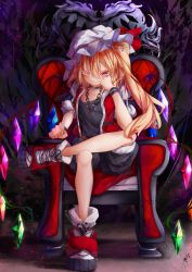Rule 34 | 1girl, alternate costume, black shirt, black shorts, blush, boots, bow, calpis118, chair, closed mouth, commentary request, crystal, dark background, darkness, flandre scarlet, hair between eyes, hand on own cheek, hand on own face, hat, hat bow, highres, jacket, jewelry, leg support, light particles, looking at viewer, mob cap, necklace, on chair, one side up, red bow, red eyes, red footwear, red jacket, shirt, short hair, shorts, sitting, smile, solo, touhou, white hat, wings
