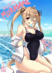 Rule 34 | 1girl, artist logo, black ribbon, black one-piece swimsuit, breasts, brown eyes, character name, cleavage, competition swimsuit, copyright name, covered navel, grass, hair between eyes, hair flaps, highleg, highleg swimsuit, highres, jacket, kantai collection, kuga zankurou, large breasts, light brown hair, long hair, long sleeves, murasame (kancolle), one-piece swimsuit, one eye closed, open mouth, pool, poolside, ribbon, sitting, smile, solo, starting block, swimsuit, track jacket, twintails, undressing, water, white jacket