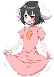 Rule 34 | 1girl, animal ears, black hair, blush, bright pupils, carrot necklace, clothes lift, commentary request, cowboy shot, dress, fang, high collar, highres, inaba tewi, lifting own clothes, looking to the side, motion lines, necklace, open mouth, pink dress, puffy short sleeves, puffy sleeves, rabbit ears, red eyes, short hair, short sleeves, simple background, skin fang, skirt, skirt lift, solo, standing, sweat, touhou, tsukimirin, white background, white pupils