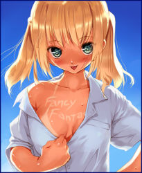 Rule 34 | 1girl, :p, bikini tan, blonde hair, green eyes, looking at viewer, naughty face, no bra, off shoulder, open clothes, open shirt, shirt, solo, tan, tanline, tongue, tongue out, twintails, ueda ryou, upper body