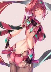 Rule 34 | 1girl, ahoge, ass, ass grab, blush, bob cut, breasts, butt crack, chest jewel, circlet, deep skin, fingerless gloves, from behind, gloves, large breasts, looking at viewer, looking back, open mouth, pantyhose, pantyhose under shorts, pyra (xenoblade), red eyes, red hair, red shorts, scarf, shiny clothes, shiny skin, short hair, short shorts, shorts, sideboob, smile, solo, swept bangs, tackactak, thighhighs, xenoblade chronicles (series), xenoblade chronicles 2