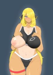 Rule 34 | 1girl, bare shoulders, blonde hair, blue eyes, breasts, cameltoe, cleavage, clothes pull, creatures (company), cynthia (pokemon), dot nose, eyelashes, game freak, hair ornament, hair over one eye, highres, large breasts, long hair, navel, nintendo, nipple slip, nipples, open mouth, pokemon, pokemon dppt, simple background, sweat, sweatdrop, swimsuit, tan, tank top, tanline, thick thighs, thigh strap, thighs, very long hair, wristband
