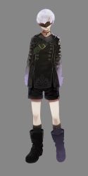 Rule 34 | 1boy, 2022, black blindfold, black footwear, black shirt, blindfold, boots, closed mouth, grey background, highres, jewelry, long sleeves, necklace, nier:automata, nier (series), otochi (otc so), shirt, short hair, simple background, sleeves past fingers, sleeves past wrists, solo, standing, white hair, 9s (nier:automata)