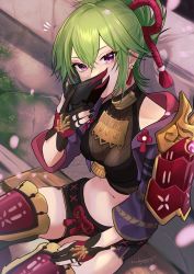 Rule 34 | 1girl, absurdres, armor, bench, black nails, black shorts, blurry, breasts, cherry blossoms, covered mouth, crop top, cropped jacket, depth of field, earrings, falling petals, genshin impact, gloves, green hair, hair between eyes, hair ornament, hand up, highres, holding, holding mask, jacket, jewelry, kuki shinobu, leg armor, looking at viewer, mask, midriff, mouth mask, nail polish, navel, notice lines, nukogami (minniecatlove21), partially fingerless gloves, petals, purple eyes, purple jacket, removing mask, rope, shimenawa, shirt, short ponytail, short shorts, shorts, shoulder armor, signature, sitting, sleeveless, sleeveless shirt, small breasts, solo, stomach, tassel, tassel earrings, thighhighs, thighs, vision (genshin impact)