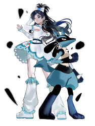 Rule 34 | 1girl, blue eyes, blue hair, bow, commentary request, creatures (company), crossover, cure white, detached sleeves, dress, earrings, eyelashes, frilled dress, frills, futari wa precure, game freak, gen 4 pokemon, hair bow, hair ornament, half updo, high ponytail, highres, jewelry, leg warmers, long hair, looking at viewer, lucario, magical girl, nani (s2 nani), nintendo, pokemon, ponytail, precure, serious, shorts, shorts under dress, simple background, solo, standing, white background, white bow, white dress, white shorts, yukishiro honoka