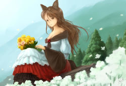 Rule 34 | 1girl, absurdres, animal ears, bare shoulders, bouquet, breasts, brooch, brown eyes, brown hair, cleavage, dress, flower, frilled dress, frills, highres, imaizumi kagerou, jewelry, koshi (koshi vortex), light smile, long hair, looking at viewer, nature, outdoors, petals, rock, signature, sitting, sitting on rock, solo, strapless, strapless dress, tail, touhou, tree, wolf ears, wolf tail