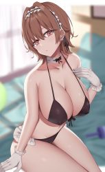 Rule 34 | 1girl, bad id, bad twitter id, bare shoulders, bed, bed sheet, bikini, black bikini, blurry, blurry background, blush, bow, breasts, brown eyes, brown hair, cleavage, collarbone, commentary request, covered erect nipples, ear piercing, earrings, frills, front-tie top, gloves, hair between eyes, halterneck, head tilt, highres, jewelry, kanikou, large breasts, looking at viewer, maid, maid headdress, navel, original, piercing, short hair, sitting, solo, swimsuit, thighs, white gloves, window