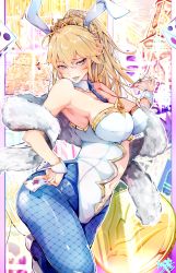 Rule 34 | 1girl, animal ears, artist name, artoria pendragon (all), artoria pendragon (fate), artoria pendragon (swimsuit ruler) (fate), bare shoulders, blonde hair, blue necktie, blue pantyhose, breasts, card, cleavage, clothing cutout, dice, fake animal ears, fate/grand order, fate (series), fishnet pantyhose, fishnets, green eyes, hair between eyes, highres, large breasts, leotard, long hair, looking at viewer, navel, navel cutout, necktie, pantyhose, playboy bunny, playing card, rabbit ears, sidelocks, solo, tomochi (tmc tmc8), tongue, tongue out, wrist cuffs