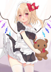 Rule 34 | 1girl, :d, alternate costume, apron, blush, bow, breasts, contrapposto, corset, crystal, enmaided, flandre scarlet, hair between eyes, hair bow, holding, holding stuffed toy, maid, medium hair, one side up, open mouth, pink eyes, red bow, simple background, small breasts, smile, solo, stuffed animal, stuffed toy, teddy bear, thighhighs, tosakaoil, touhou, waist apron, white background, white thighhighs, wings