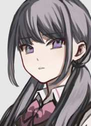 Rule 34 | 1girl, assault lily, bow, bowtie, collared shirt, commentary, grey background, grey hair, highres, long hair, looking at viewer, low twintails, ludvico private girls&#039; academy school uniform, parted lips, pink bow, pink bowtie, portrait, purple eyes, school uniform, seto veronica ichika, shirt, sidelocks, simple background, sketch, solo, suspenders, tareko, twintails, white shirt