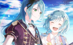 Rule 34 | 2girls, aqua hair, bang dream!, black bow, black bowtie, blush, bow, bowtie, braid, closed eyes, closed mouth, commentary request, dated, earrings, green eyes, hair bow, happy birthday, hikawa hina, hikawa sayo, jewelry, long hair, looking at another, medium hair, multiple girls, open mouth, partial commentary, puffy short sleeves, puffy sleeves, red shirt, shirt, short sleeves, siblings, sidelocks, sky, smile, sparkle, teeth, toto (sa-dosama), twin braids, twins, upper body, upper teeth only, white shirt