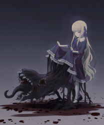 Rule 34 | 1girl, absurdres, black dress, black footwear, blonde hair, blood, blunt bangs, closed eyes, clothes lift, commentary request, dress, dress lift, frilled dress, frills, from side, full body, gradient background, grey background, hair ribbon, high heels, highres, icochiya (icochiya1414), long hair, long sleeves, long tongue, monster, original, pantyhose, ribbon, shoes, solo, standing, teeth, tongue
