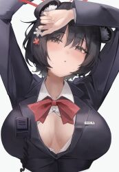 Rule 34 | 1girl, absurdres, animal ears, arms up, bear ears, bear girl, black coat, black hair, black suit, blue archive, blush, bow, bowtie, breasts, button gap, coat, collared shirt, commentary, formal, grey eyes, highres, jun daniell, large breasts, looking at viewer, official alternate costume, red bow, red bowtie, shirt, short hair, simple background, solo, suit, sweat, tsubaki (blue archive), tsubaki (guide) (blue archive), upper body, very short hair, white background, white shirt