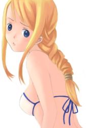 Rule 34 | 1girl, agrias oaks, bikini, blonde hair, blue eyes, breasts, final fantasy, final fantasy tactics, lowres, simple background, solo, swimsuit