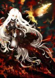 Rule 34 | 10s, 1girl, abyssal ship, aircraft carrier princess, akai kitsune, bad id, bad pixiv id, breasts, colored skin, gauntlets, highres, kantai collection, long hair, one side up, orange eyes, solo, torn clothes, very long hair, white hair, white skin