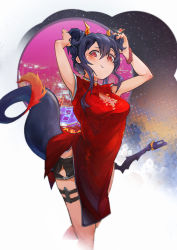 Rule 34 | 1girl, absurdres, arknights, bead bracelet, beads, black shorts, blue hair, blush, bracelet, ch&#039;en (ageless afterglow) (arknights), ch&#039;en (arknights), china dress, chinese clothes, commentary, double bun, dragon girl, dragon horns, dragon tail, dress, hair between eyes, hair bun, highres, horns, jewelry, jumbowhopper, long hair, looking at viewer, official alternate costume, pout, red dress, red eyes, short shorts, shorts, sidelocks, solo, tail, thigh strap, white background