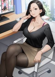 Rule 34 | 1girl, black hair, black pantyhose, black shirt, bracelet, breasts, chair, collarbone, crossed legs, earrings, forehead, ganbare douki-chan, jewelry, keyboard (computer), large breasts, light smile, looking at viewer, meta, monitor, necklace, office, office chair, pantyhose, parted lips, pencil skirt, plant, senpai-san (douki-chan), shirt, short hair, sitting, skirt, solo, swivel chair, yoshio (55level)
